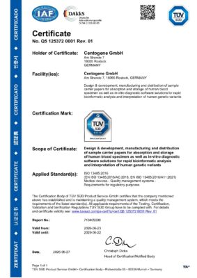 Certification for Quality Management System according to EN ISO 13485