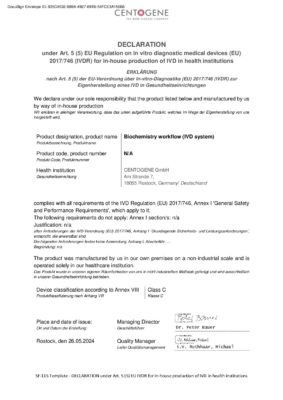 Declaration for IVD Regulation (EU) 2017/746 – Biochemistry Workflow