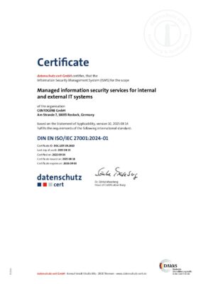 Information Security Management System – DIN EN ISO/IEC 27001:2024-01 Certificate